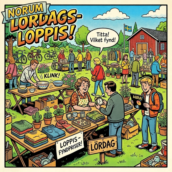 Outdoor flea market with people browsing tables of books, dishes, and vinyl records under a clear sky with Swedish flag.